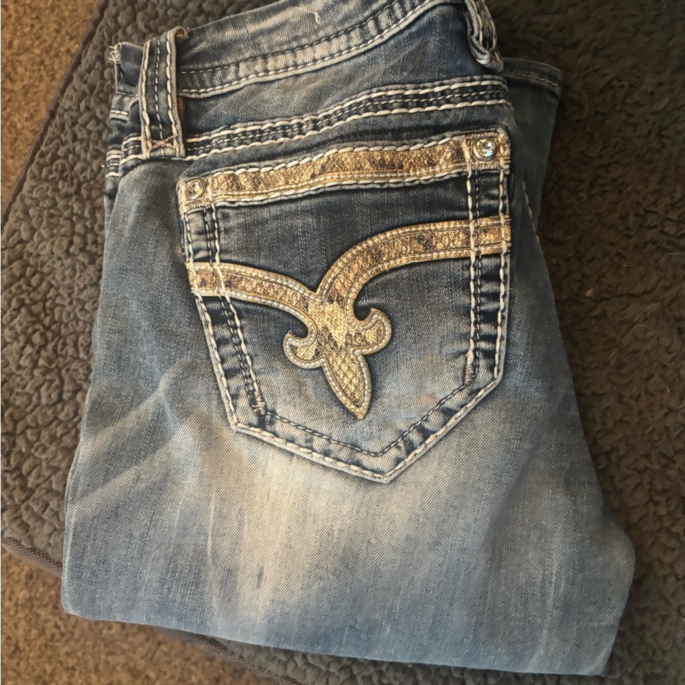 Rock Revival Blue Jeans with Gold Detailing